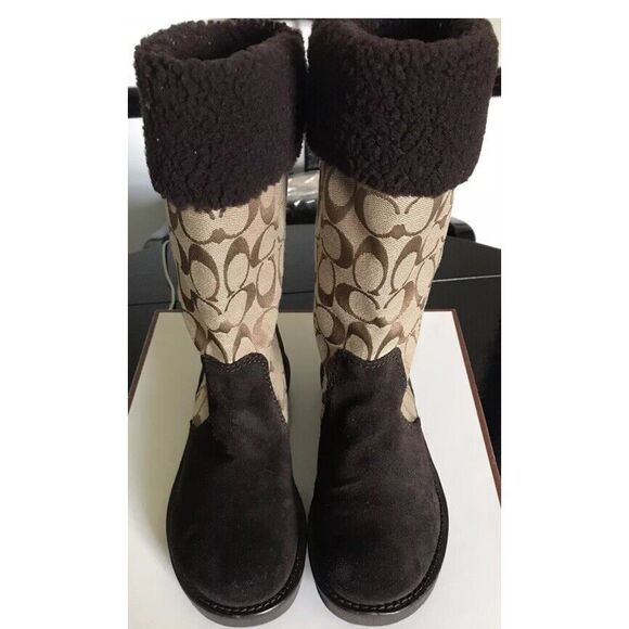EUC Coach Kally Canvas/Suede Brown/Faux Fur Boots Sz 8‎ - Picture 1 of 7